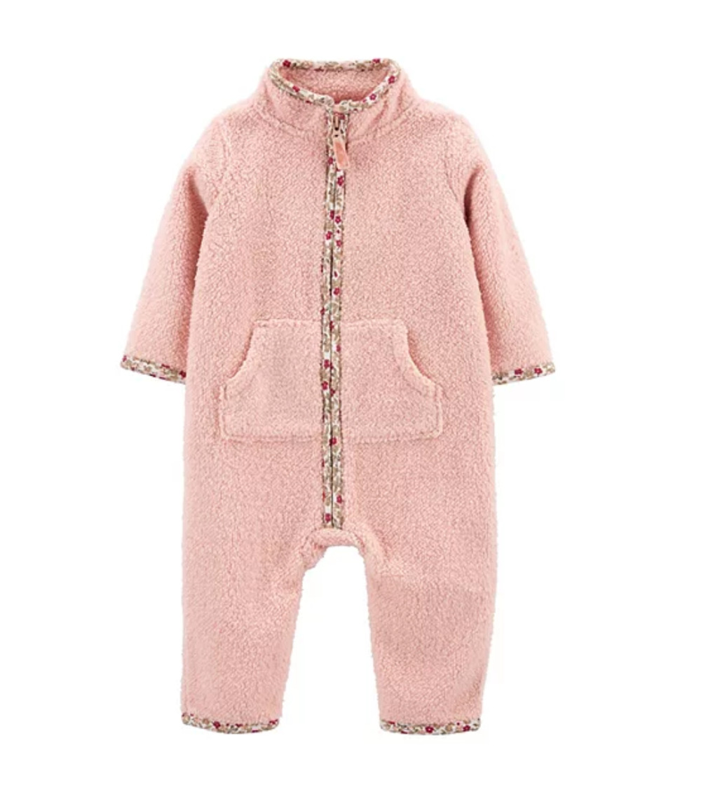 NWT Carter's Baby Girl Pink W/ Floral TrimZip-Up Sherpa Jumpsuit - SIZE 6M